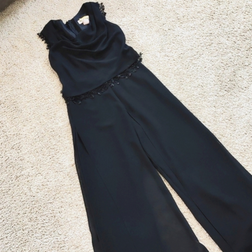 Betsy & Adam Black Sleeveless Wide-Leg Jumpsuit with Beaded Waist